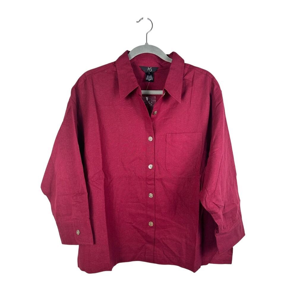 IOS Button Down Blouse Women Large Red NWT Linen Blend 3/4 Sleeve 603103
